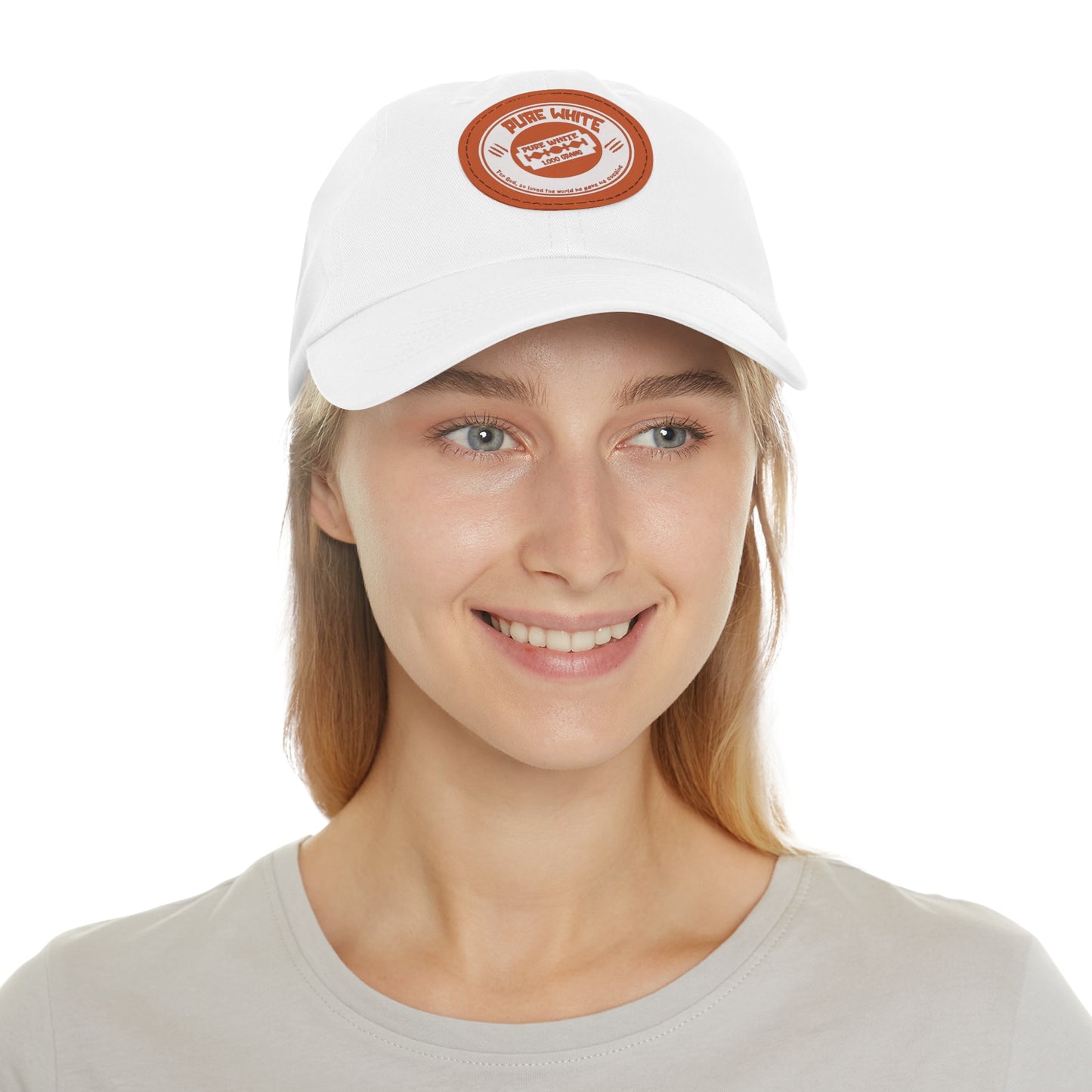 Pure White Dad Hat with Leather Patch (Round)