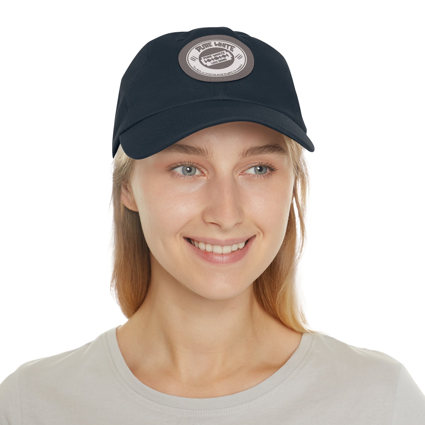 Pure White Dad Hat with Leather Patch (Round)